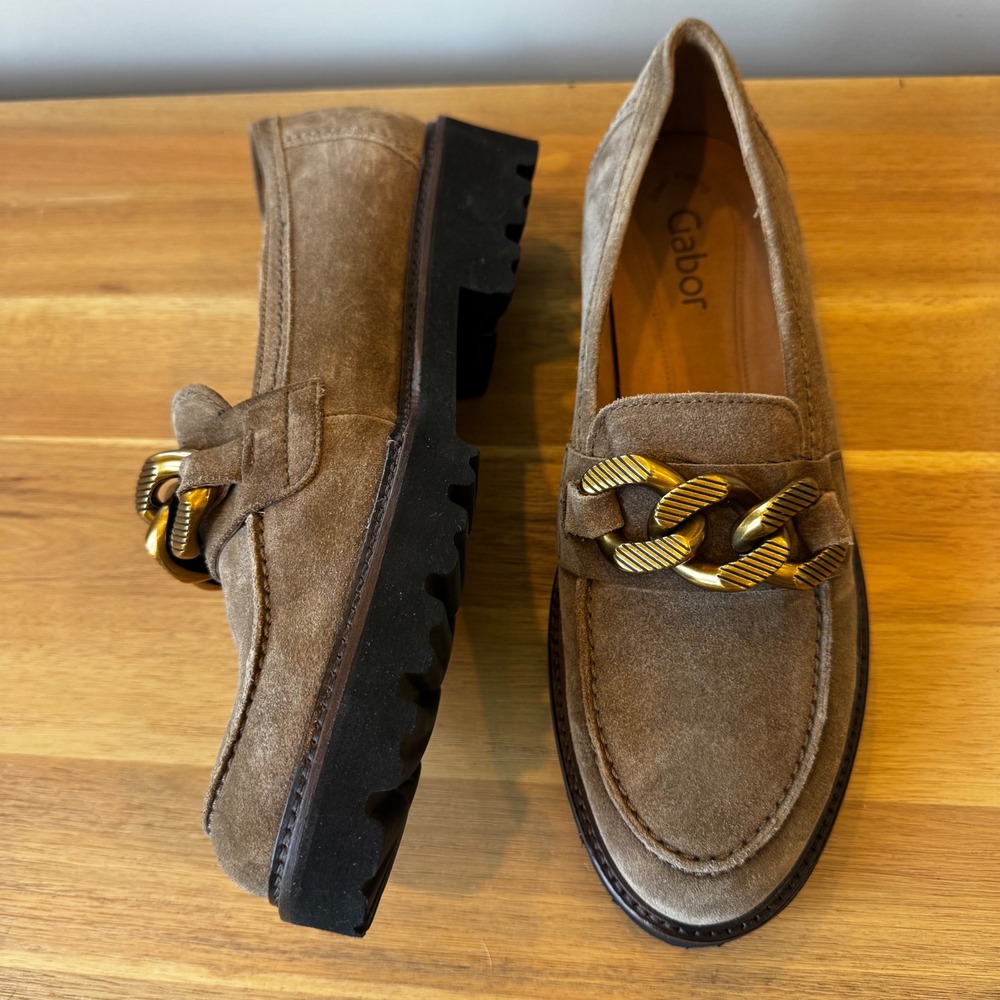 Gabor Women‎ 7.5 UK 5 Tan Suede Chunky Chain Link Loafers Lug Sole Shoes Preppy - Picture 16 of 16